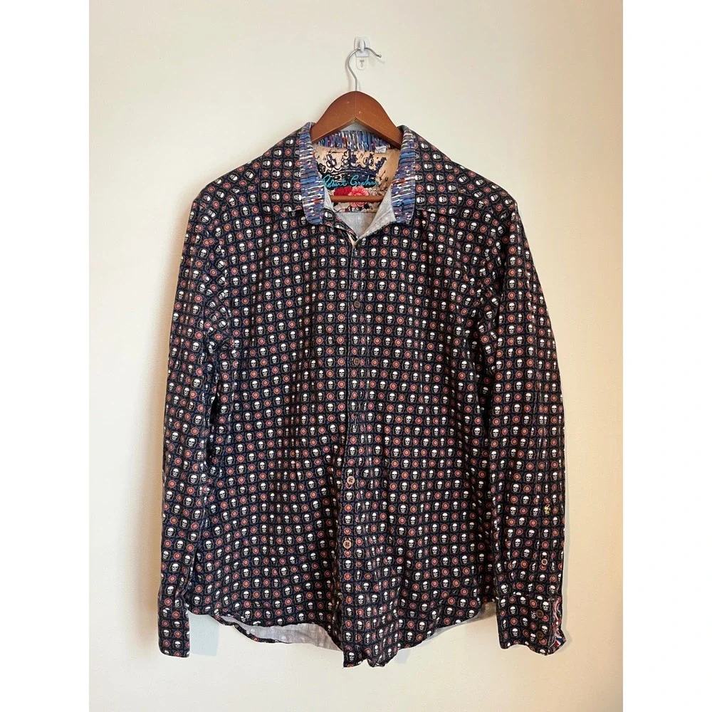 Robert Graham MenXL Macbeth Skull British Flip Cuff Shirt Long Sleeve Embroidery